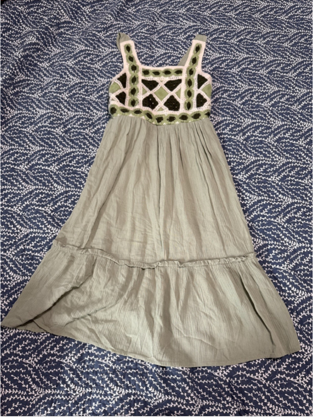 Girls Crochet Top Summer Dress Green Neutrals Boho Size 8